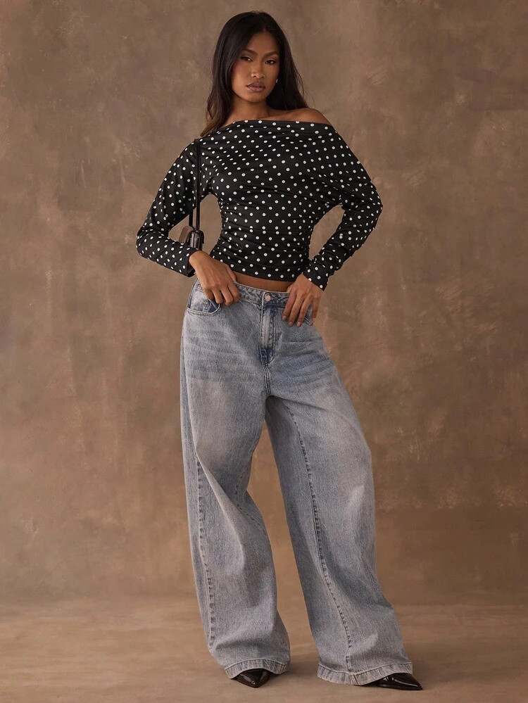 SHEIN BAE Women's Polka Dot Print Off Shoulder Batwing Long Sleeve Fitted Fashion T-Shirt, Autumn Winter Women ,Party ,Beach, Polka Dot Long Sleeves, Casual Everyday | SHEIN