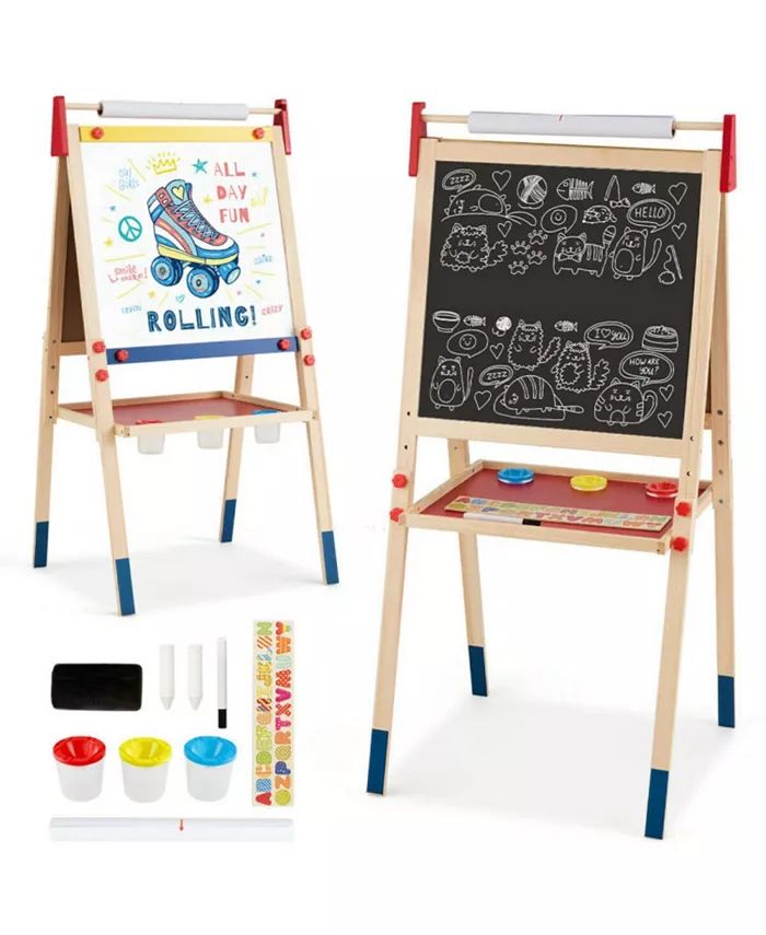 All-in-One Wooden Height Adjustable Kid's Art Easel with Magnetic Stickers and Paper | Macy's