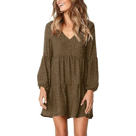 Dinheiro Women Summer Tunic Dress V Neck Casual Loose Flowy Swing Shift Dresses D: Polka Dot Coffee Medium | Walmart (US)