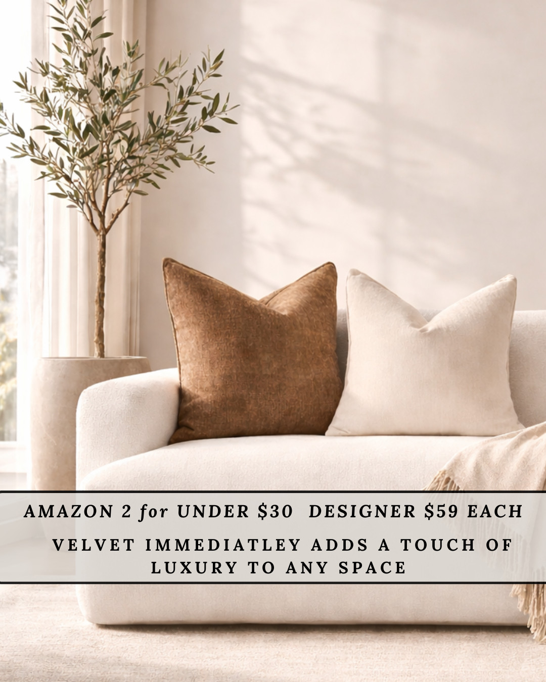 LUXE VELVET PILLOW DUPE

The VELVET PILLOW trend is everywhere right now, and these deliver that rich designer look instantly. The soft velvet texture and tailored edges add warmth, depth, and a touch of luxury to any sofa, chair, or bed. Amazon sells 2 for under $30, while similar designer versions run around $59 each — same elevated look, major savings.

#Amazon #TheHillaryStyle #AmazonHome #DesignerLookForLess #LuxuryForLess #LivingRoomInspo #VelvetPillows #NeutralHomeStyle #ModernLuxury #HomeUpgrade 

 #LTKU #LTKOver40 #LTKHome