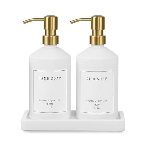 Gold Soap Dispenser Set, Glass Hand and Dish Soap Dispenser Set with Tray,Stainless Pump,14 Stickers for Kitchen,Bathroom Soap and Lotion Dispenser,Modern Counter Decor (White Bottle/Gold Pump) | Amazon (US)