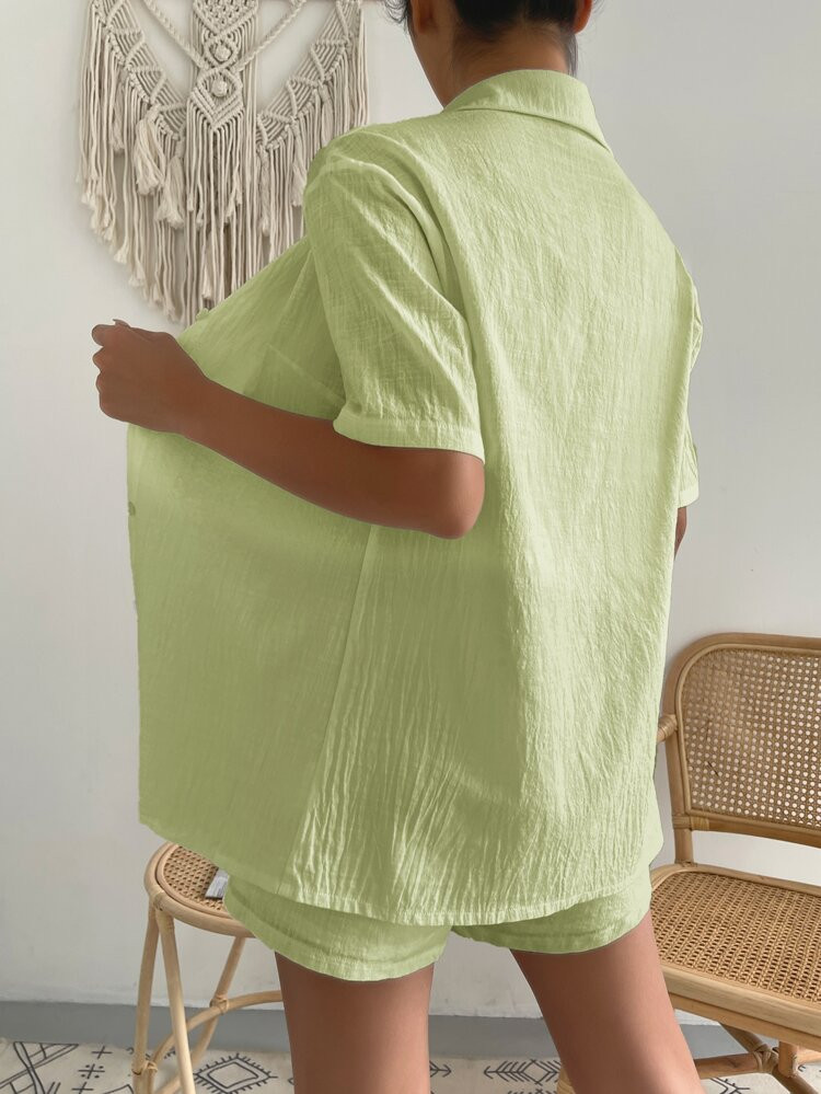 Solid Button Through Blouse & Drawstring Waist Shorts | SHEIN