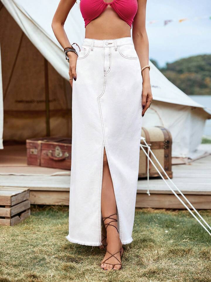 SHEIN VCAY Beach Style Sexy And Casual Long Denim Skirt With Front Split | SHEIN