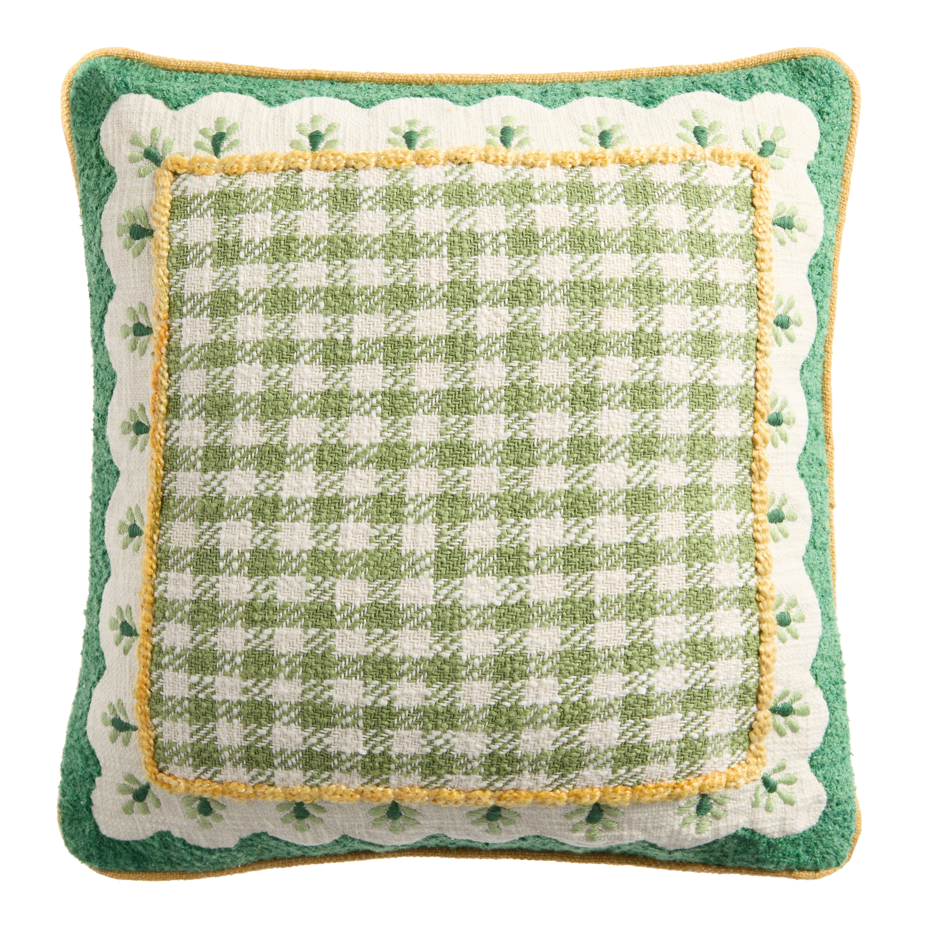 Green and Yellow Checkered Floral Embroidered Throw Pillow | World Market