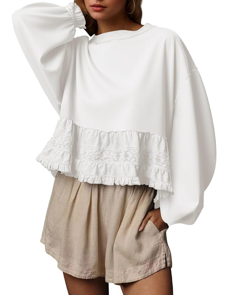 Crew Neck Crop Oversized Sweatshirts For Women Casual Long Puff Sleeve Babydoll Tops Loose Lace P... | Amazon (US)