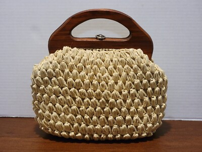VTG LESCO Woven Basket Purse Ivory Cream Handbag Wooden Handle Boho Chic   | eBay | eBay US