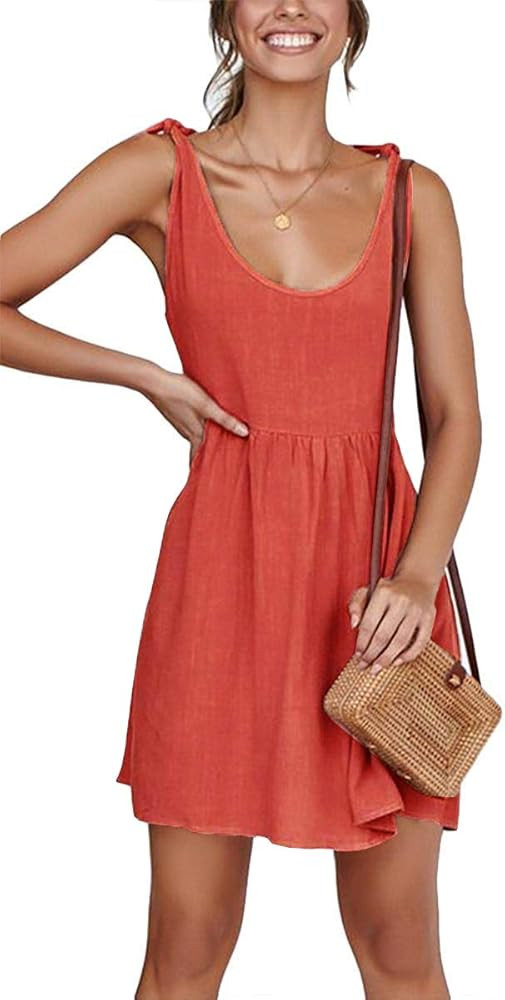CNJFJ Womens Summer Shoulder Tie Strap Babydoll Dress Casual Scoop Neck A-Line Skater Swing Mini ... | Amazon (US)