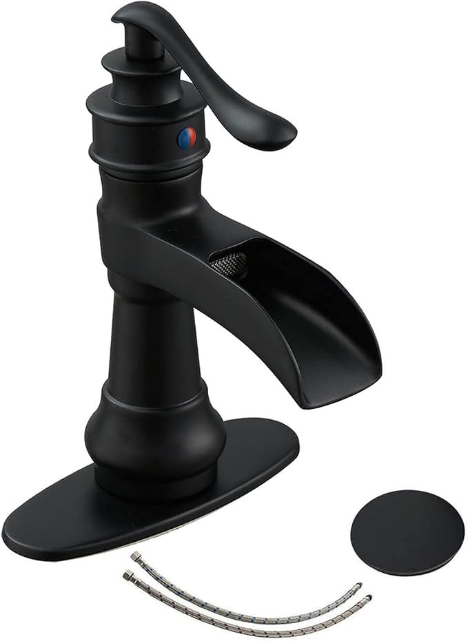 Black Bathroom Faucet Waterfall Matte Farmhouse Single Hole with Pop Up Drain Lavatory Antique Ba... | Amazon (US)