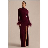 Gatsby | Burgundy High-Neck Maxi Dress With Feather Trim Cuffs | Club L London