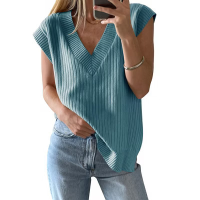 Clearlove Women's Sweater Vests V Neck Casual Ribbed Knit Sleeveless Sweater Tops Oversized Sweater Vest for Women,Gray blue,L | Target