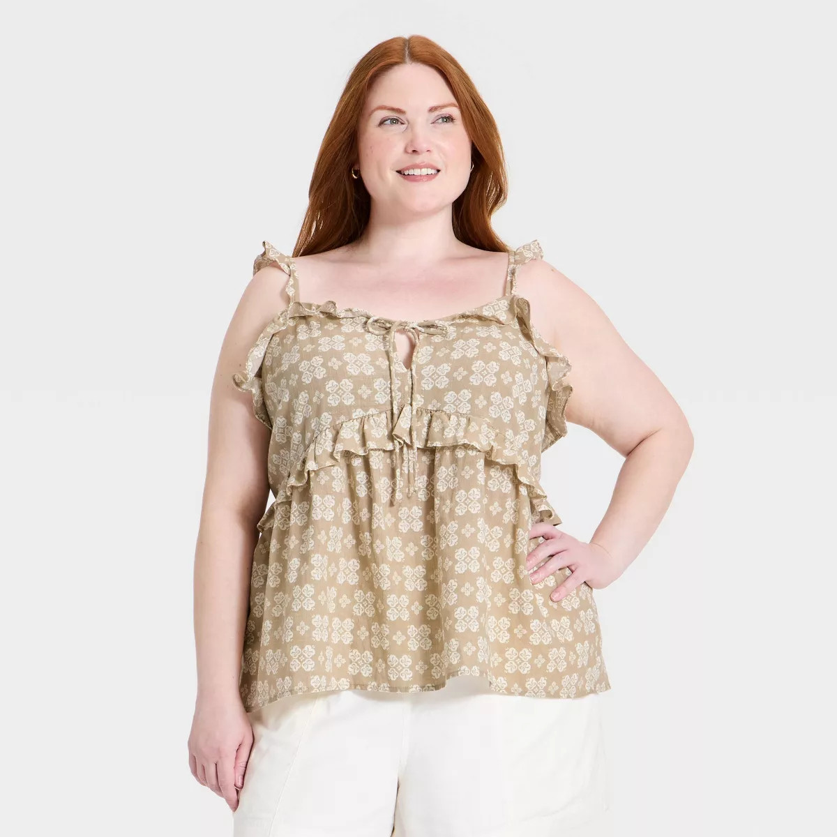 Women's Ruffle V-Neck Cami - Universal Thread\u2122 Taupe Mosaic 1X | Target