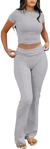 ANRABESS Lounge Sets for Women 2 Piece Foldover Yoga Flare Leggings Pants Crop Tops Casual Y2K Ou... | Amazon (US)