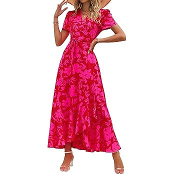 PRETTYGARDEN Women's Boho Floral Maxi Dress Summer Short Sleeve Wrap V Neck Long Flowy Beach Vaca... | Amazon (US)