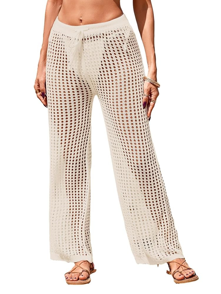 Womens Crochet Knit Elastic Waist Tie Beach Coverup Pant Summer 2025 Trendy Outfits Bathing Suit ... | Amazon (US)