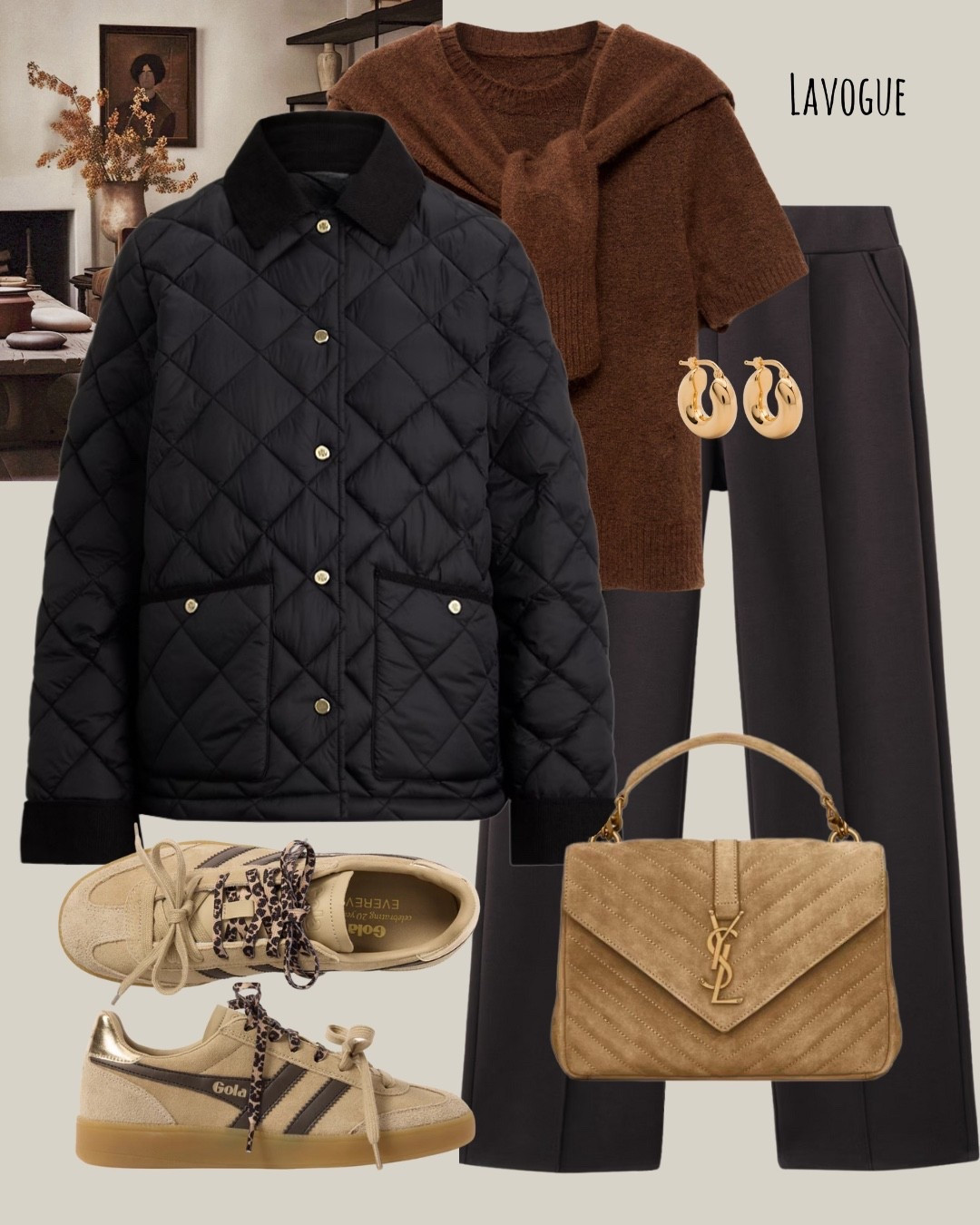 A casual-chic fall uniform built on warm tones and classic textures. A black quilted barn jacket adds structure over a brown short-sleeve sweater and matching brown pants for a tonal base. Styled with a tan suede bag and neutral sneakers for an effortless, grounded finish.

Easy, everyday style — perfect for on-the-go days.

#LTKfall #casualstyle #quiltedjacket #fallneutrals #LTKunderstated #everydayoutfit #falloutfit 

#LTKShoeCrush #LTKSeasonal #LTKItBag