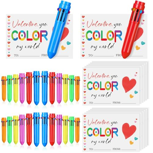 Noveread 24 Set Valentine Cards and Ballpoint Pen Gift 24 Pcs Mini Shuttle Pens 0.5mm Multicolor Retractable Pens, Greeting Cards for Party Supplies Prize | Amazon (US)