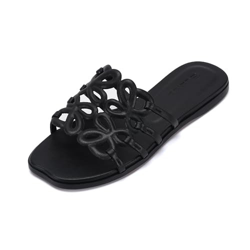 Eusibb Black Flat Sandals for Women 2026 Luxury Open Toe Dressy Slip On Sandals Comfortable Slides for Summer | Amazon (US)