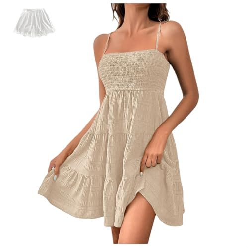 Casual Summer Cute Spaghetti Strap Smocked Dress, Women 2026 Square Neck Sleeveless Tiered Ruffle A-Line Swing (Apricot,X-Large) | Amazon (US)