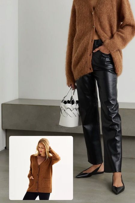 I’ve had the outfit on the right saved to my phone under “outfits to recreate” for some time. I have black faux leather pants, I have pointy toe flats, I have a cute bucket bag, but the one missing piece has been the slouchy brown cardigan. I’ve searched high & low (well, online and in stores) and I FINALLY found it! And it’s on sale for 1/2 price! Can’t wait to recreate this look in a few days when the sweater arrives! I’ll keep you posted. 

#winteroutfit #sweater #sweaterleather #fauxleather 

#LTKsalealert #LTKfindsunder50 #LTKstyletip