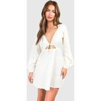 Womens Linen Look Tie Front Puff Sleeve Mini Dress - Beige - 10 | boohoo (US & Canada)