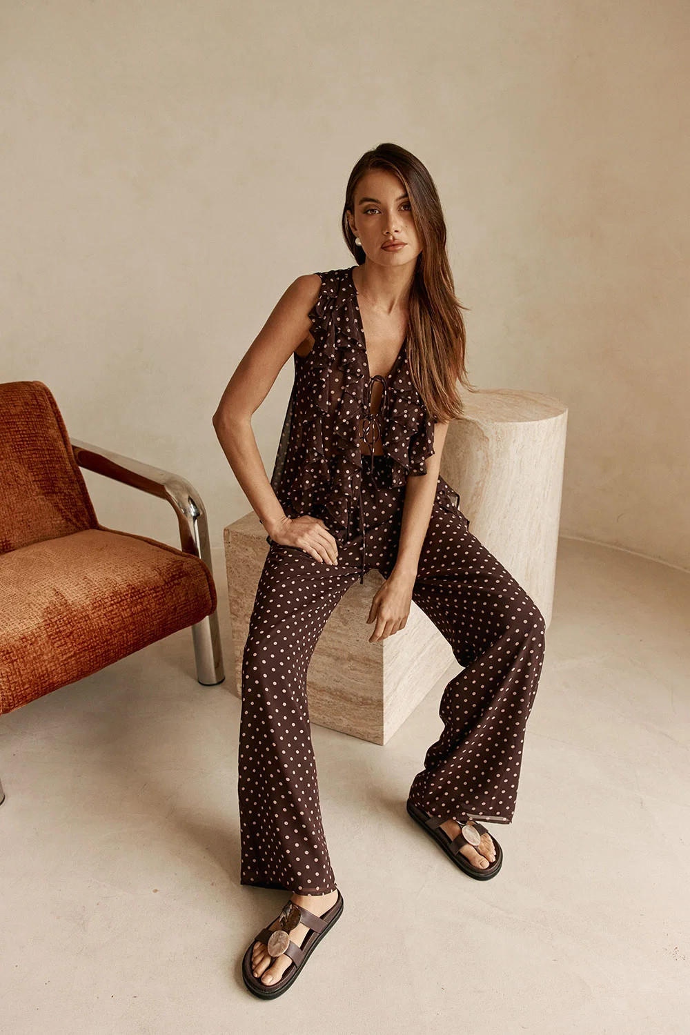 Chocolate Speck Polka Dot Elastic Drawstring Elm Pants | Sabo Skirt US