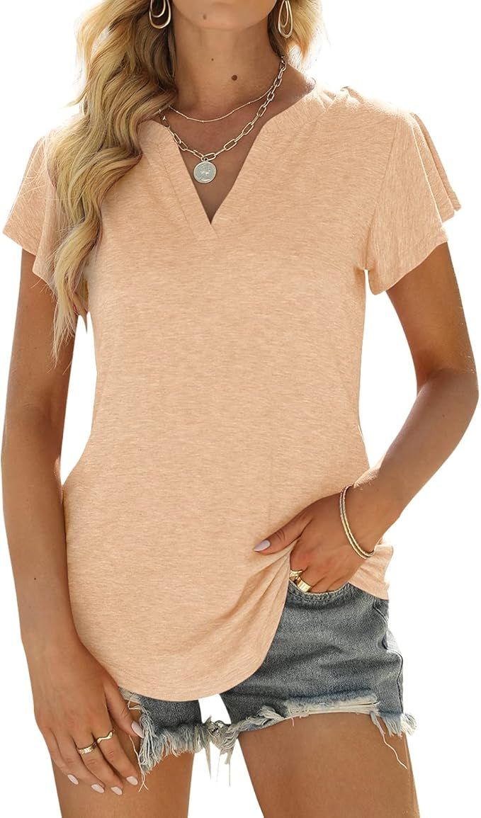 Womens Business Casual Tops Summer V Neck T Shirt Ruffle Short Sleeve Tunic Blouses for Women | Amazon (US)