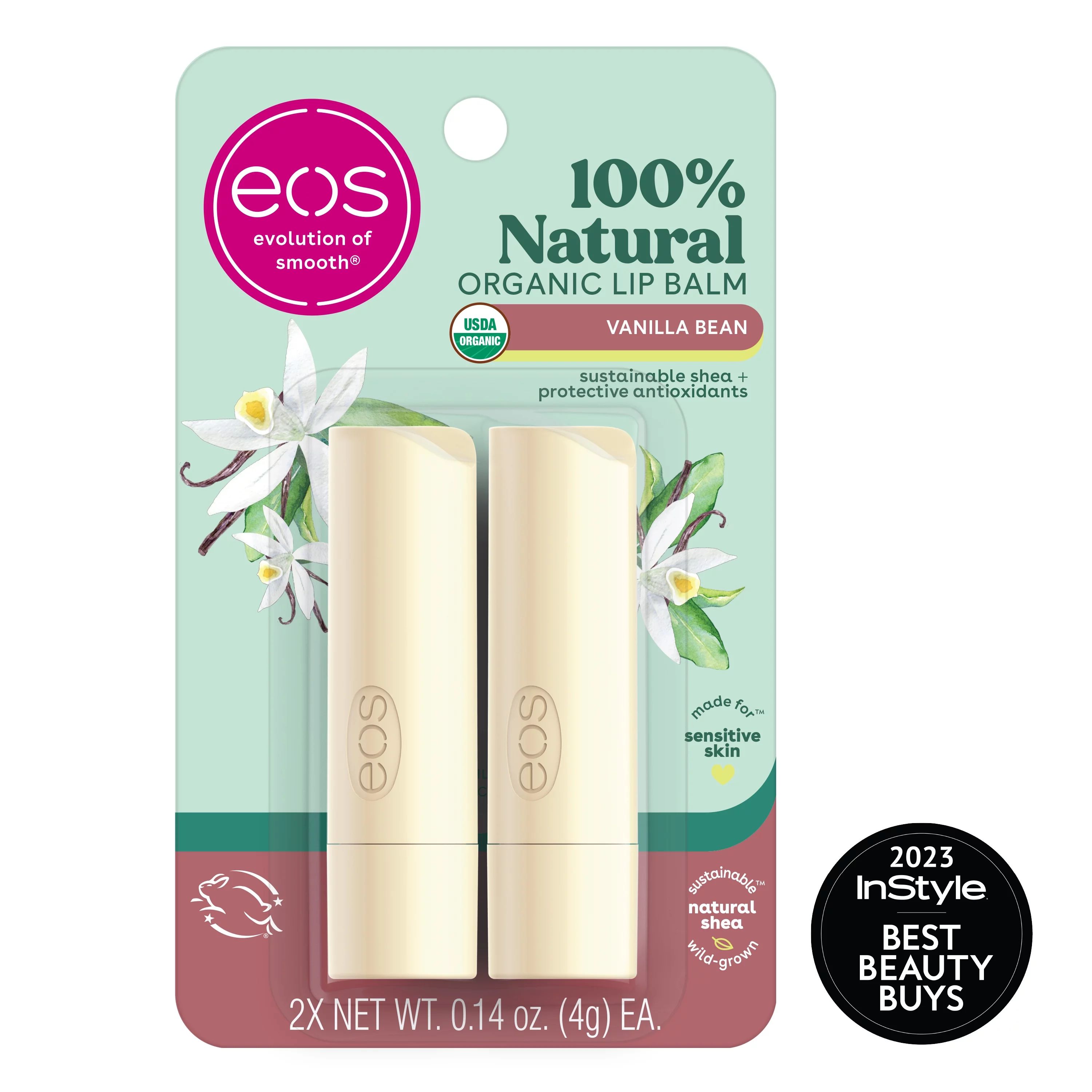Eos 100% Natural & Organic Lip Balm Stick - Vanilla Bean | 0.14 oz | 2-pack - Walmart.com | Walmart (US)