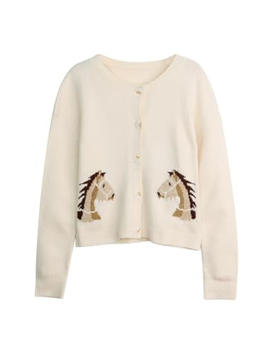 Lenader Women Horse Crop Cardigan Sweater Long Sleeve Casual Button Down Knit Jacket Fall Cute Graphic Cardigan Sweaters Tops Beige | Amazon (US)