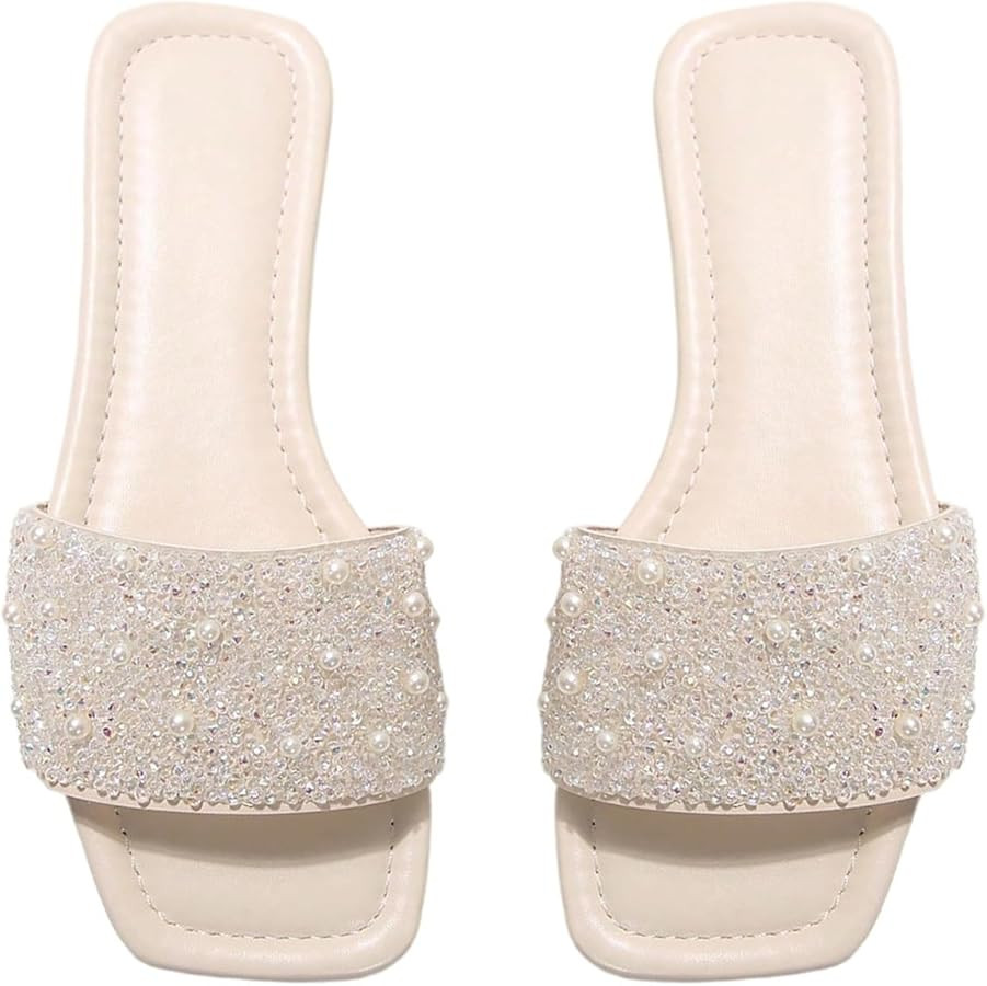 GORGLITTER Women's Sparkly Jeweled Flat Sandals Dressy Open Toe Glitter Shiny Slippers Slip-on Sh... | Amazon (US)