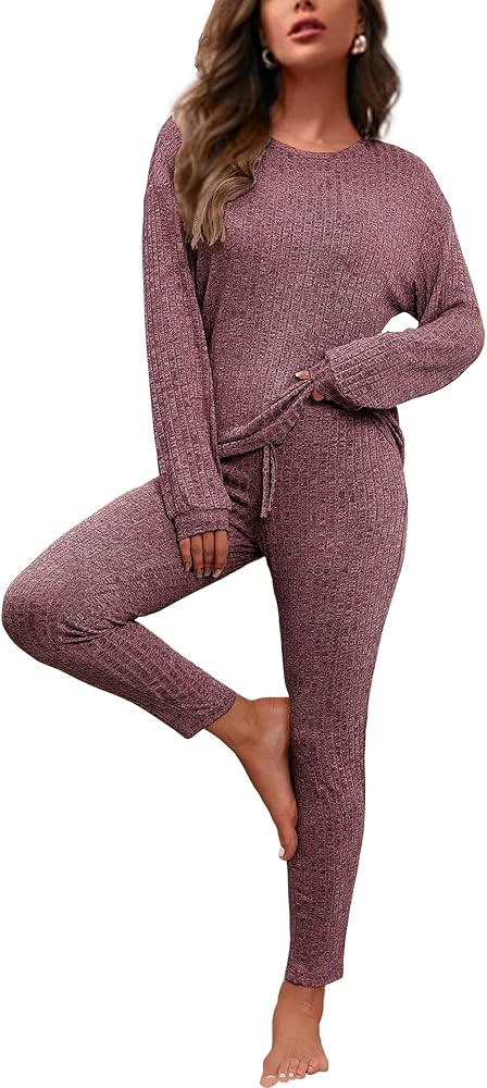 difficort Womens Pajama Sets Long Sleeve Pjs Soft Sleepwear Ribbed Knit Lounge Set with Pockets | Amazon (US)