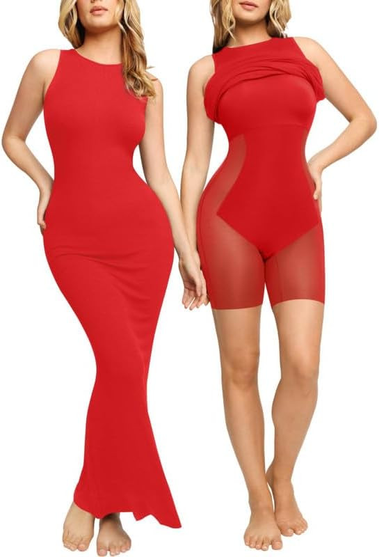 Popilush Shapewear Dress Built in Bra Bodycon Shaper Dress 9 in 1 Crew Neck Sleeveless Maxi Forma... | Amazon (US)