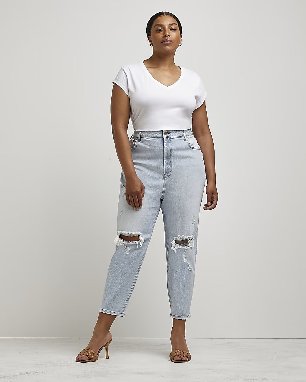 River Island Womens Plus blue ripped high waisted mom jeans | River Island (US)