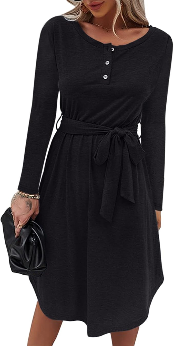 ZCSIA Women's Long Sleeve Crew Neck Button Down Tie Waist Solid Casual Loose Swing Tunic T Shirt ... | Amazon (US)