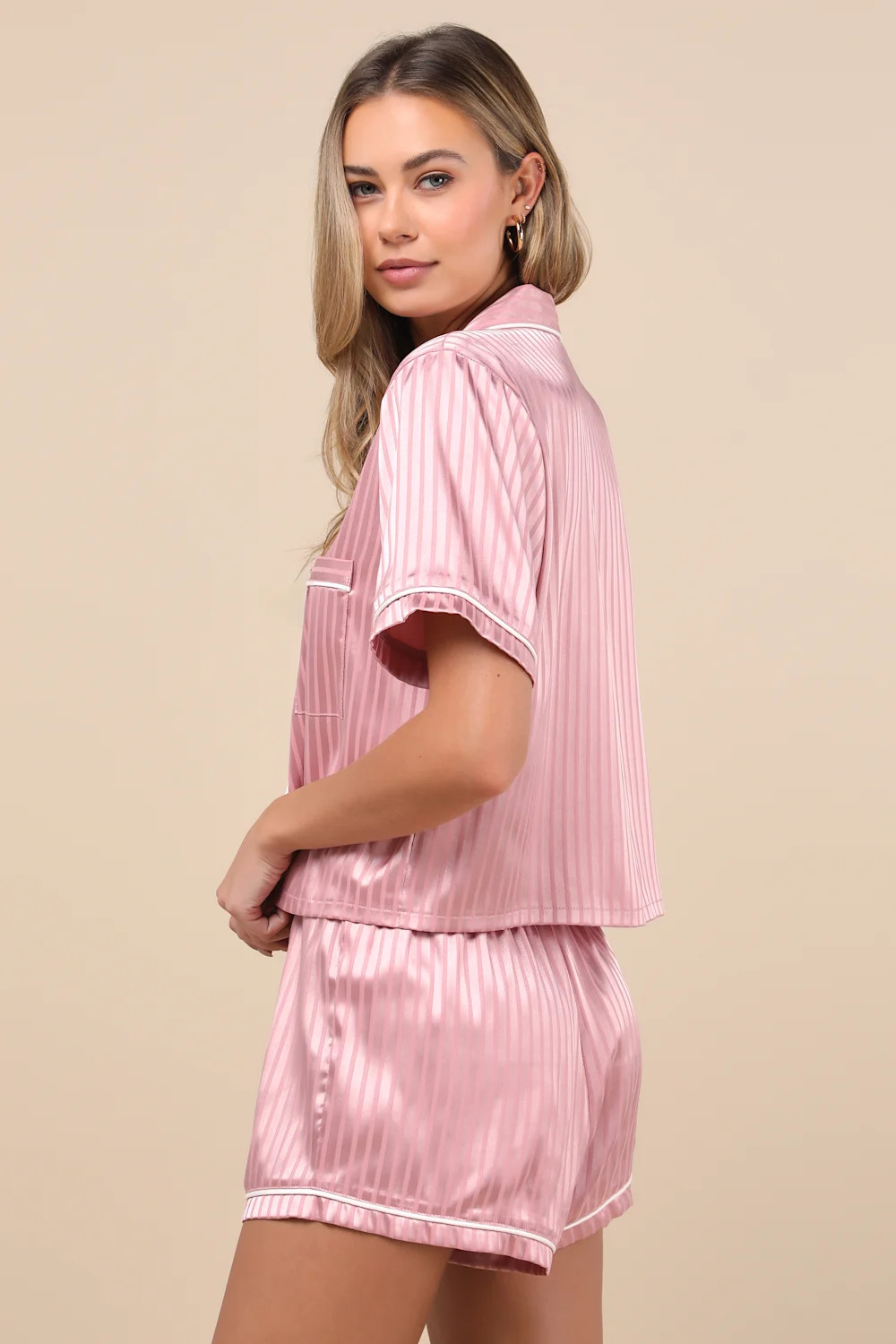 Anyssa Dusty Rose Striped Satin Two-Piece Pajama Set | Lulus
