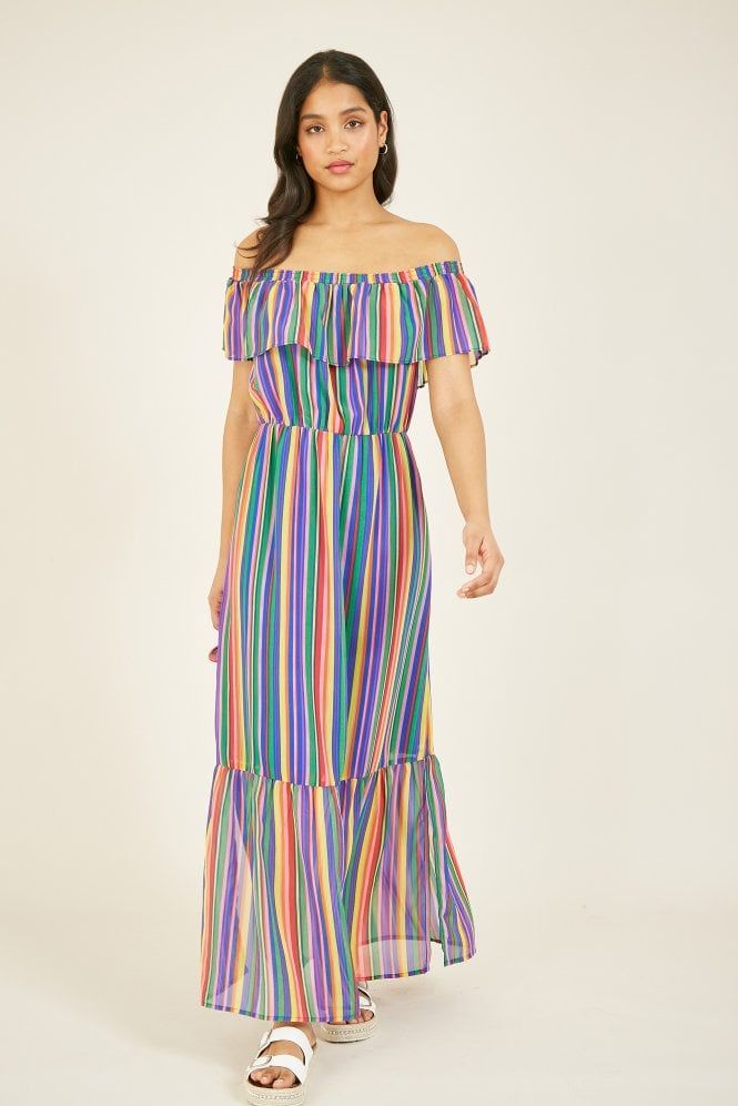 Green Rainbow Stripe Bardot Maxi Dress | Yumi