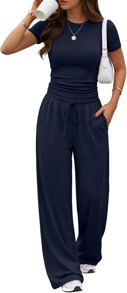 Trendy Queen 2 Piece Matching Summer Lounge Set Womens Side Ruching Top Wide Leg Pants Sets with ... | Amazon (US)