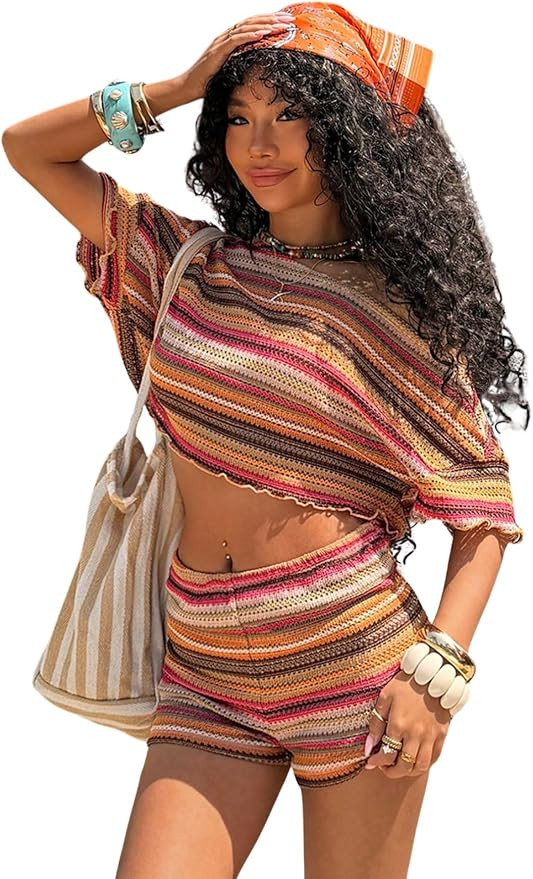 Verdusa Shorts Sets Women 2 Piece Outfits Boho Striped Cover Tops with Shorts Beach Summer | Amazon (US)