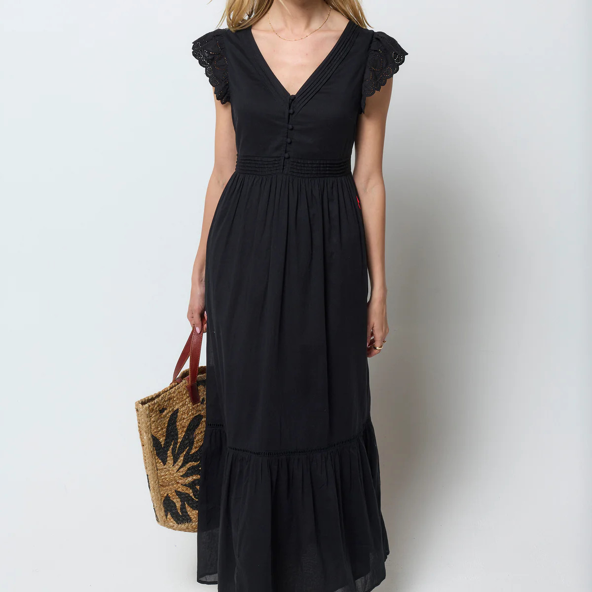 Black Broderie Sleeve Pintuck Maxi Dress Scamp & Dude | Scamp & Dude