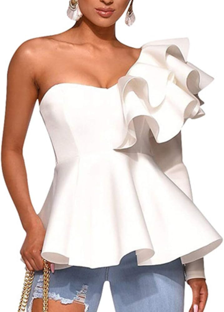 xxxiticat Women's Chic Ruffle Trim High Class Shirt Tops Tube Top Long Sleeve Peplum Bodycon Slim... | Amazon (US)