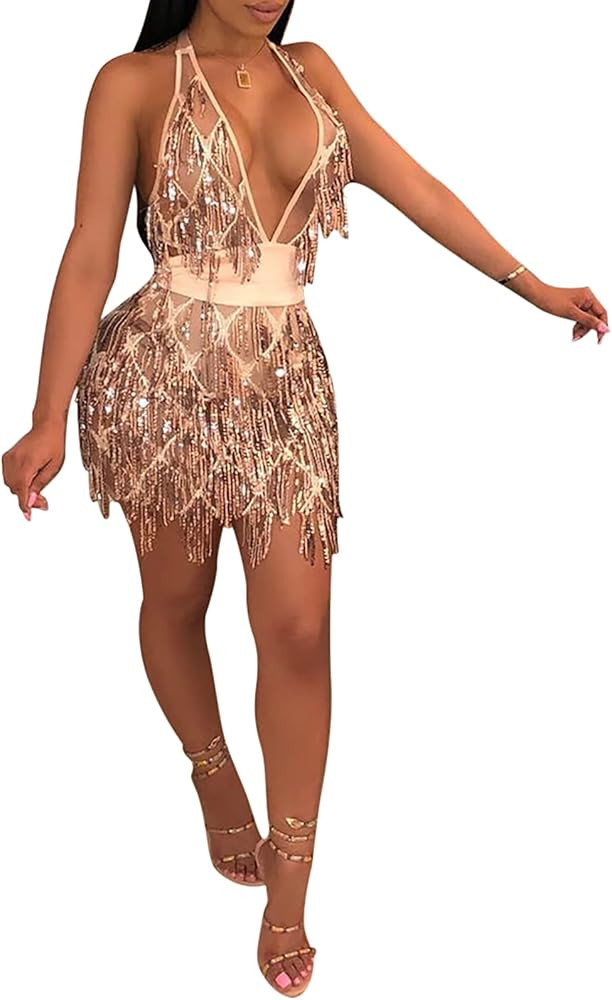 acelyn Women's Sexy Halter Backless See Through Sequins Floral Club Bodycon Mini Dress … | Amazon (US)