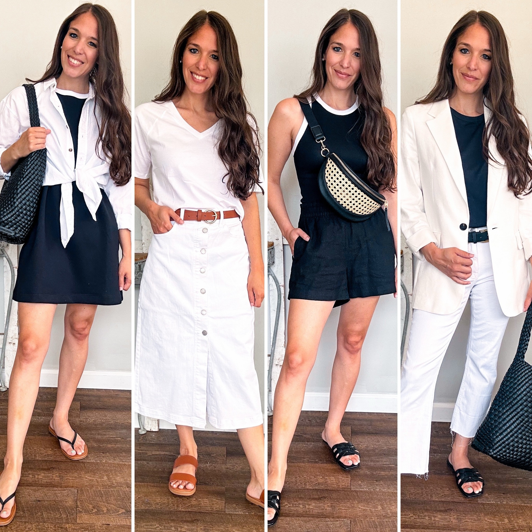 Summer capsule styling series: styling black and white! 
All these pieces are from my summer capsule and can be styled so many ways! 
White button up XS 
Black dress XS 
White skirt XS 
White v neck XS 
Black and white tank XS 
Linen shorts XS 
White linen blazer XS 
Black tee XS 
White jeans tts short 
Shoes all tts 

#LTKFindsUnder100 #LTKStyleTip #LTKFindsUnder50