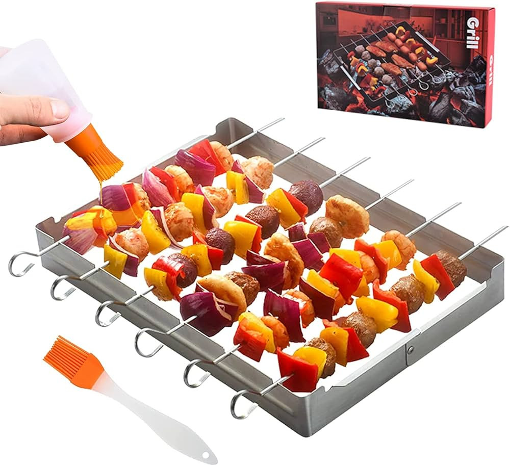 QKTYB Stainless Steel BBQ Skewer Rack,30cm BBQ Grilling Skewers with Grill Rack,Oil Brushes and O... | Amazon (UK)