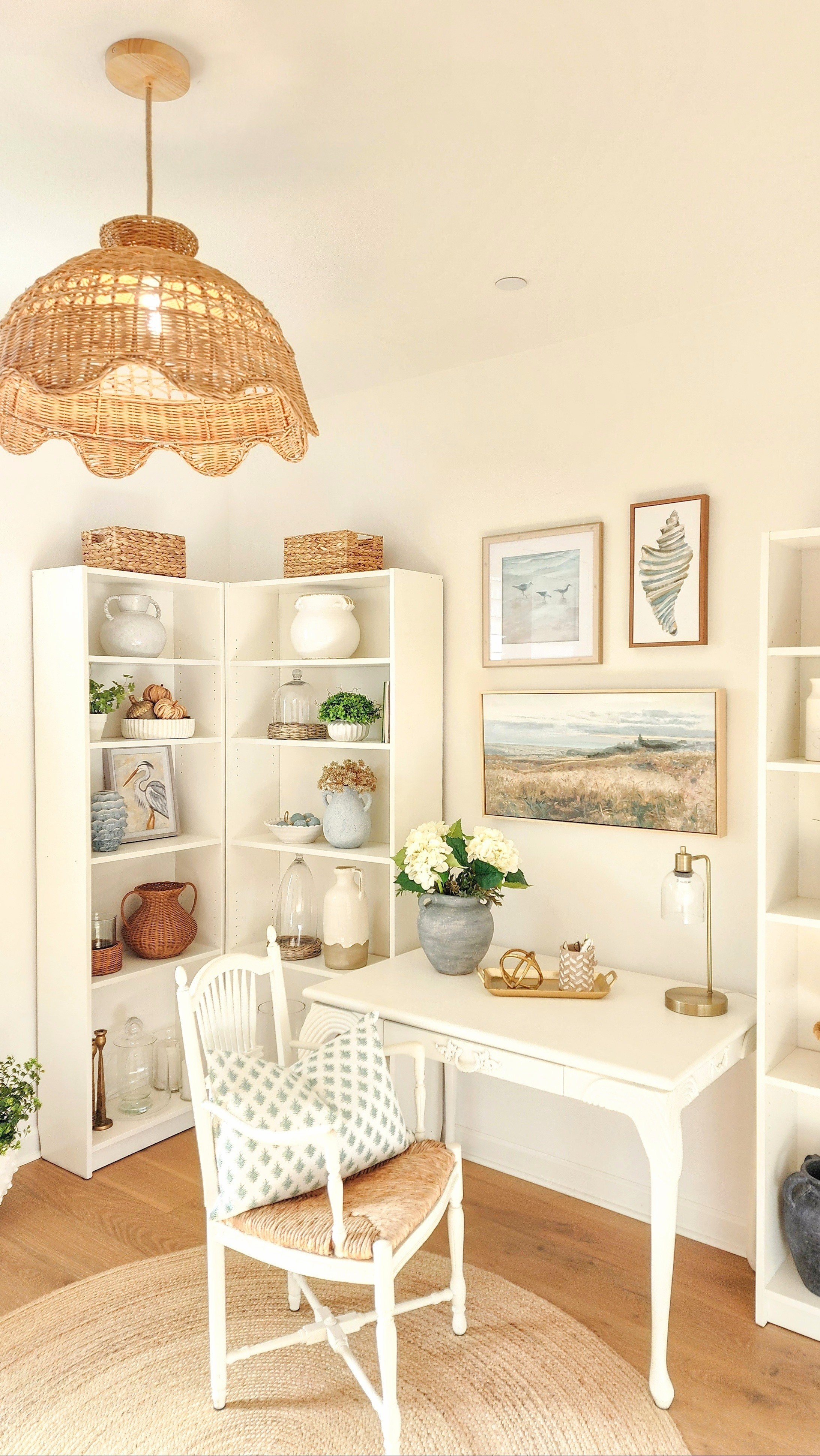 Coastal style Home Office with simple styled storage shelves, relaxing blues and rattan textures 

#LTKHome