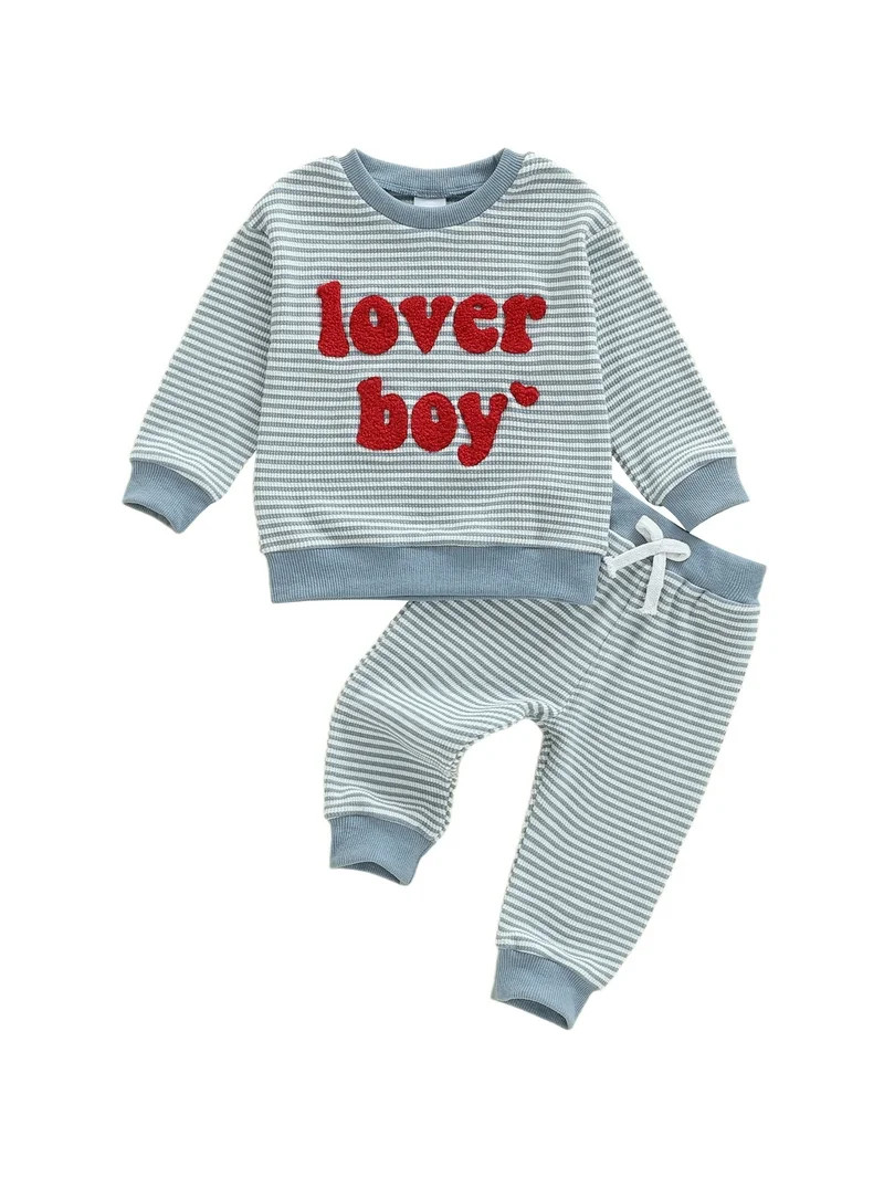BemeyourBBs Toddler Baby Boy Valentines Day Outfits Letter Embroidery Long Sleeve Striped Sweatsh... | Walmart (US)