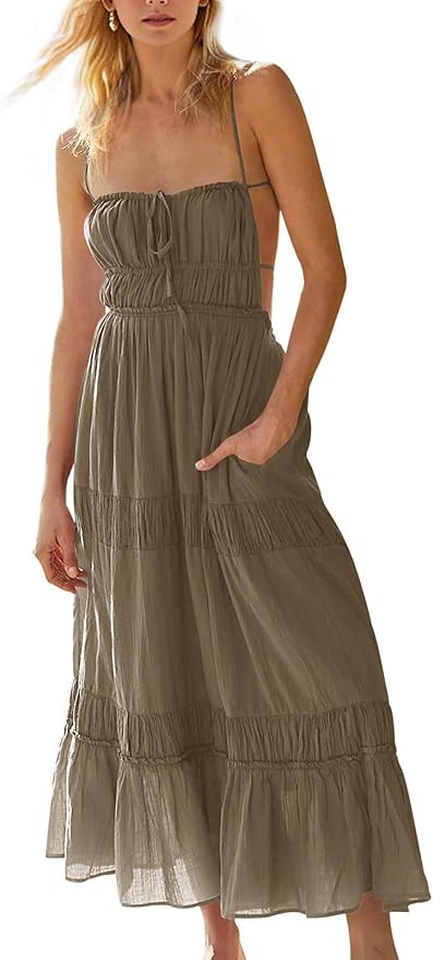 Wenrine Womens Summer Beach Dresses Backless Spaghetti Straps Self Tie Tiered Flowy Casual Maxi D... | Amazon (US)