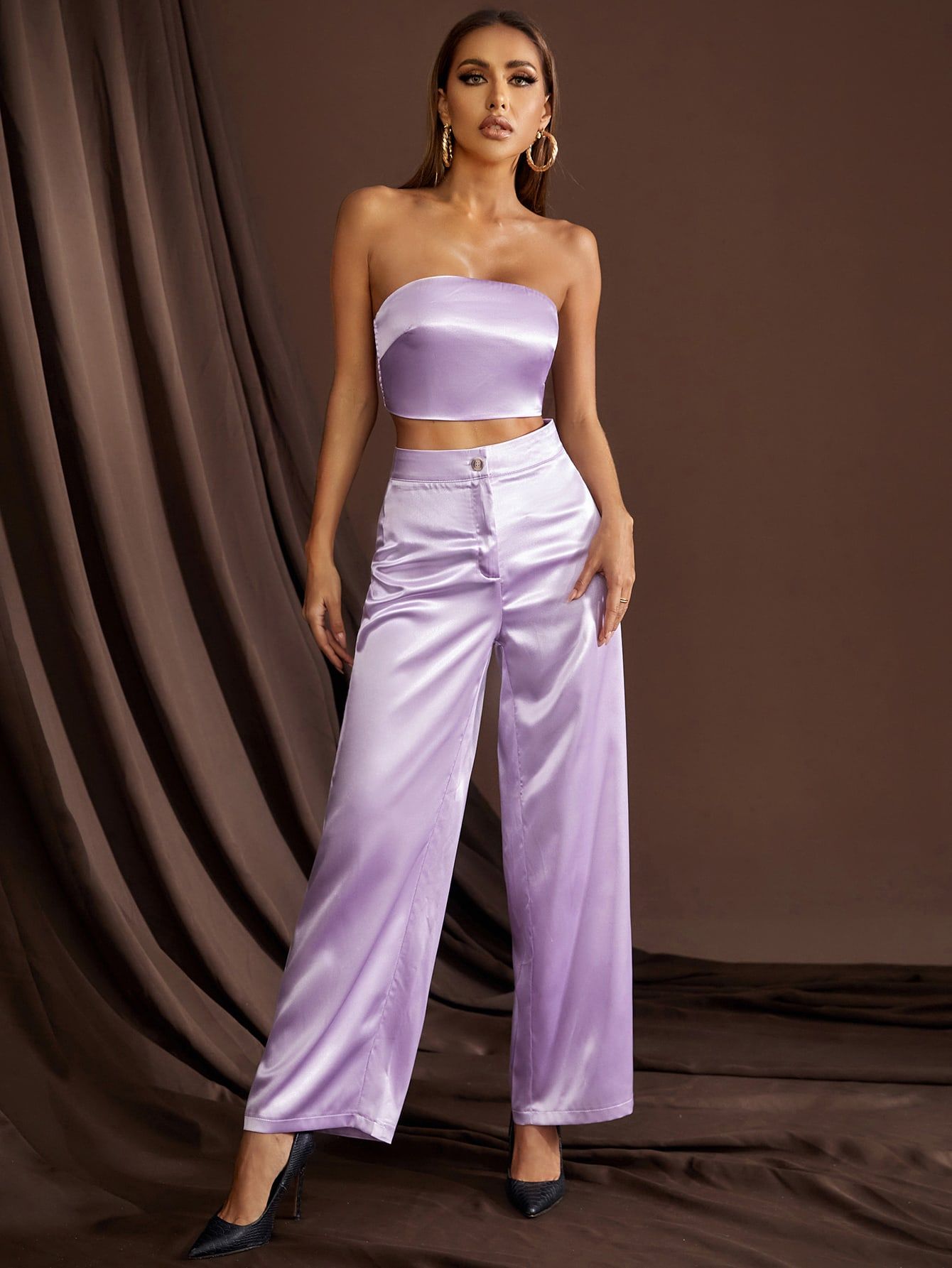 Satin Tube Top & Wide Leg Pants | SHEIN