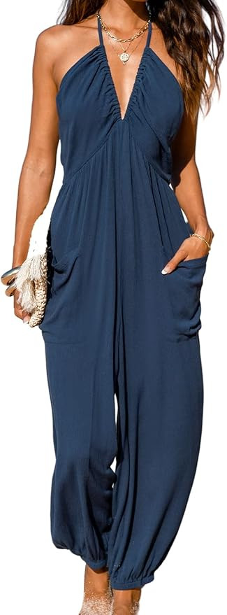 CUPSHE Women's Plunge Halter Sleeveless Pleated Long Romper Knit Jogger Maxi Jumpsuit with Pocket... | Amazon (US)
