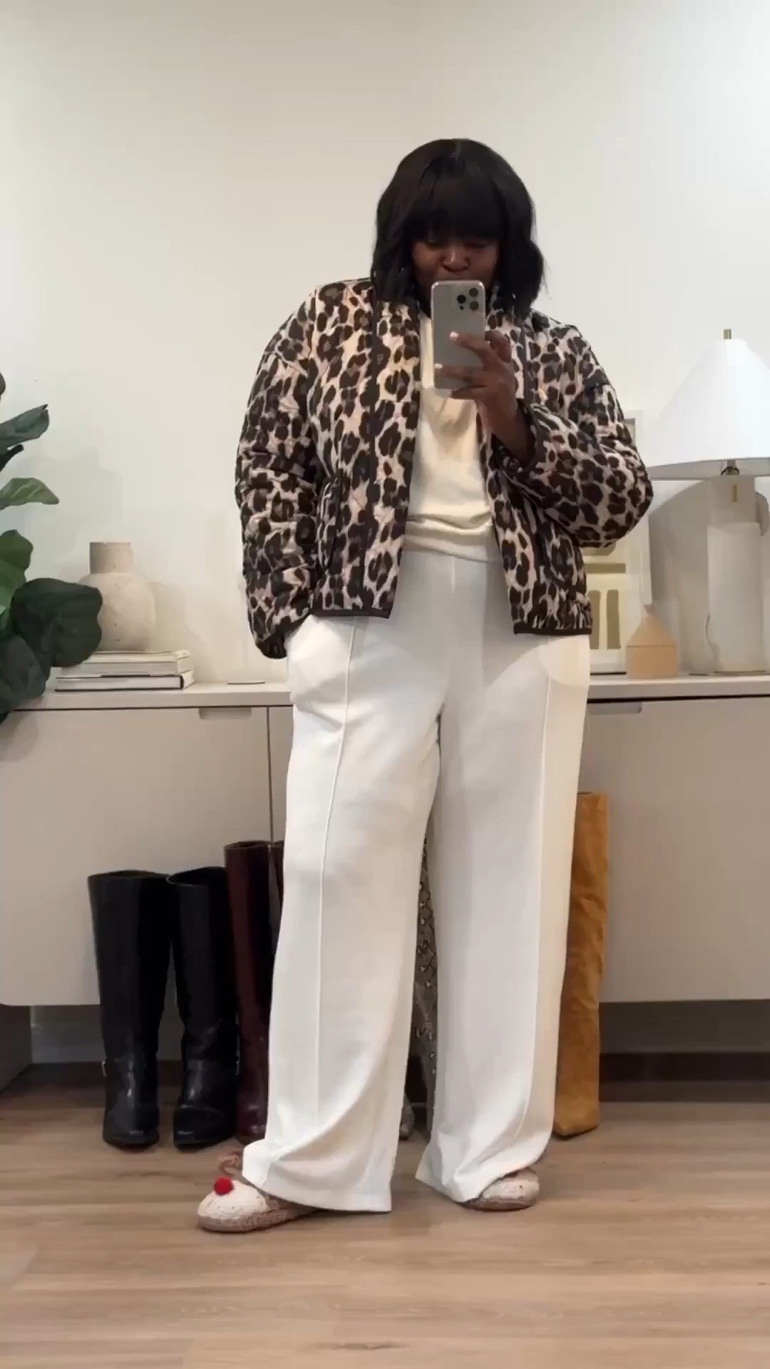 Finding fall outfits that feel comfortable and look put together doesn't have to be complicated. White wide-leg pants create a relaxed base, while a leopard print jacket adds contrast and makes the whole outfit feel more styled. plus size fall outfits, leopard print jacket outfit, animal print bomber jacket, white wide-leg pants outfit, casual chic fall outfits, curvy fashion @amazonfindsandfashion @Shopbop @Wayfair