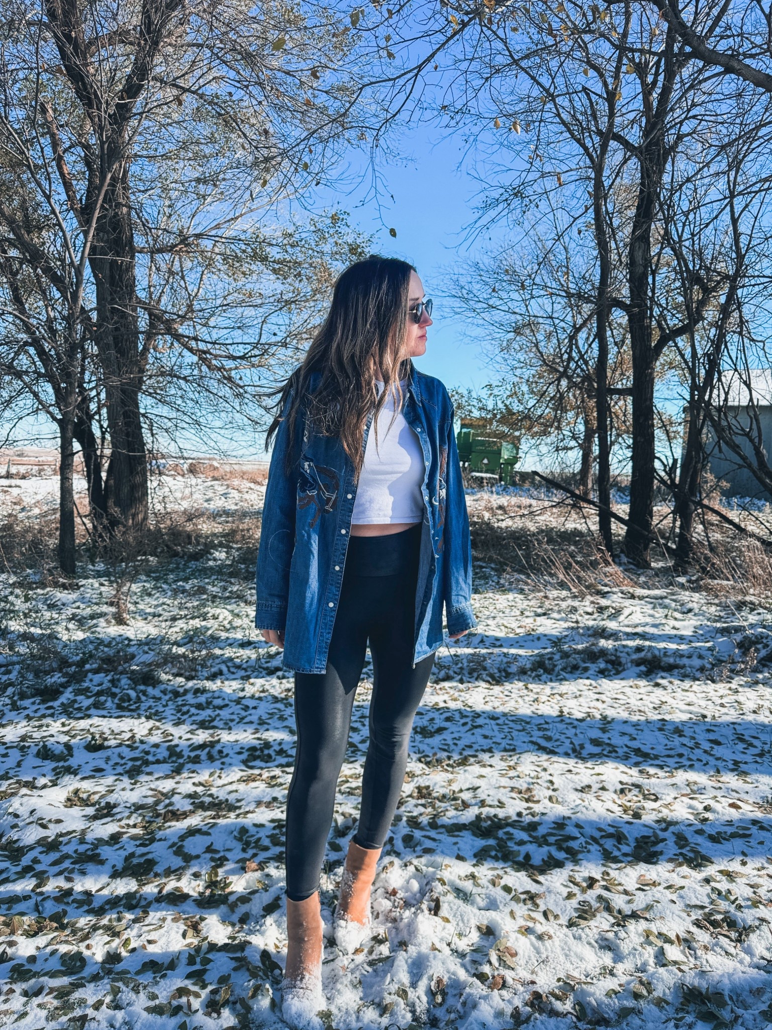 Comfy church fit but make it western. Button down is a small, leggings are a small, white tee is a small and boots are a 8.5