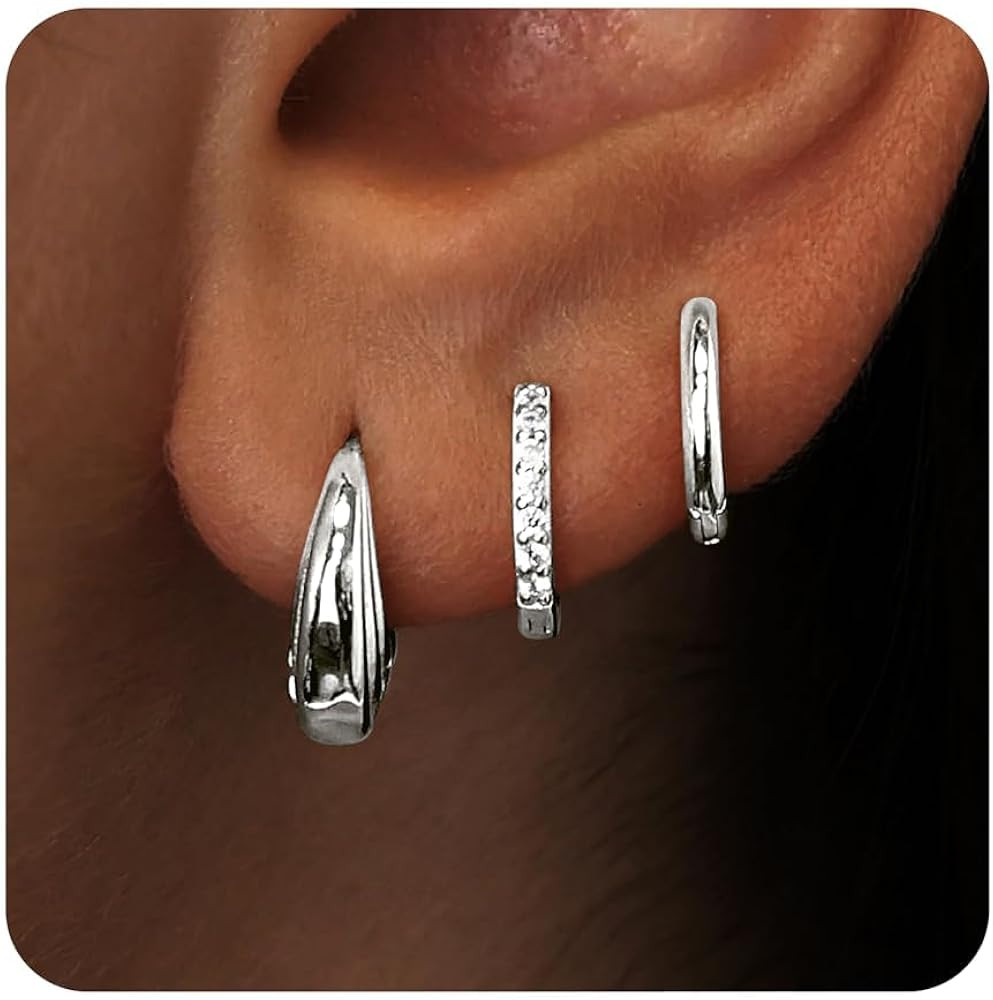 Poxtex Small Sterling Silver Huggie Hoop Earrings Set for Women, Hypoallergenic 14K Gold Plated H... | Amazon (US)